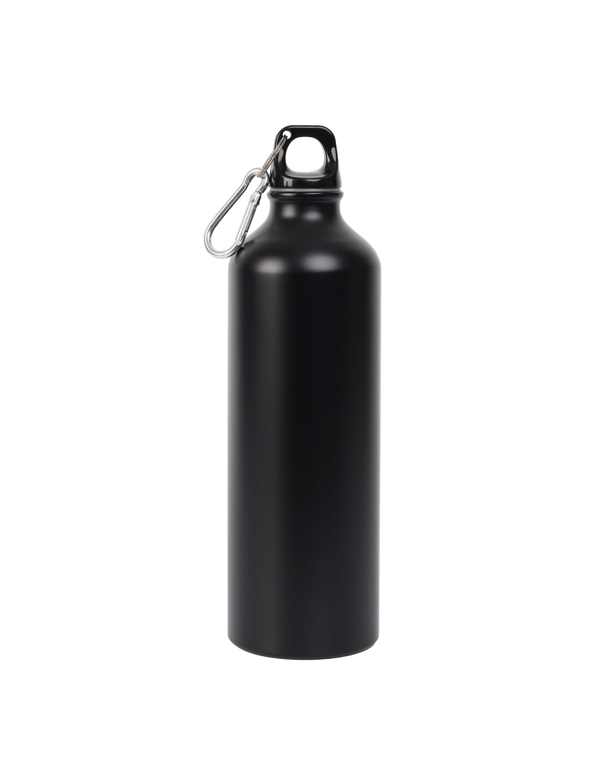 A black aluminium water bottle with a leak-free screw lid and a top carabiner clip.