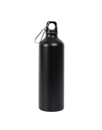 A black aluminium water bottle with a leak-free screw lid and a top carabiner clip.