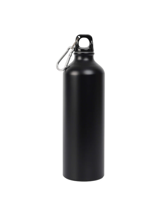 A black aluminium water bottle with a leak-free screw lid and a top carabiner clip.