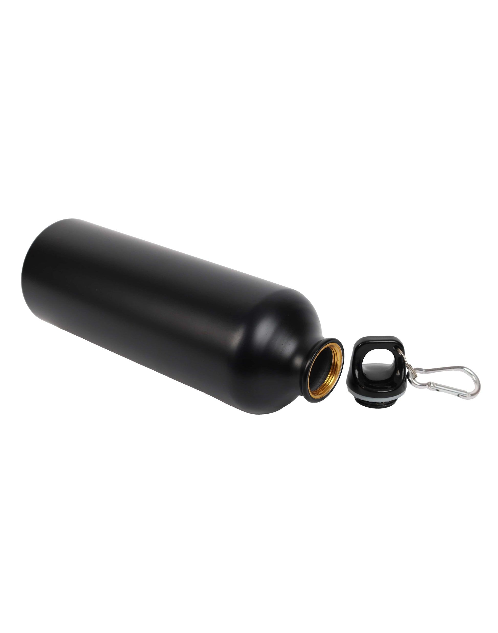 Black metal water bottle with carabiner on a white background