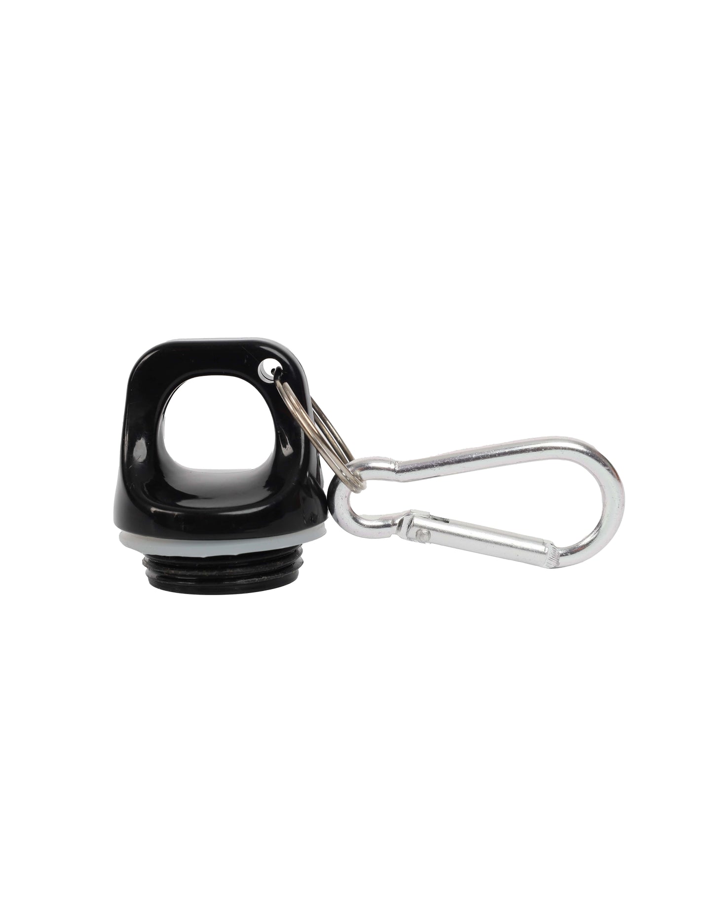 Black bottle cap with a metal clip on a white background