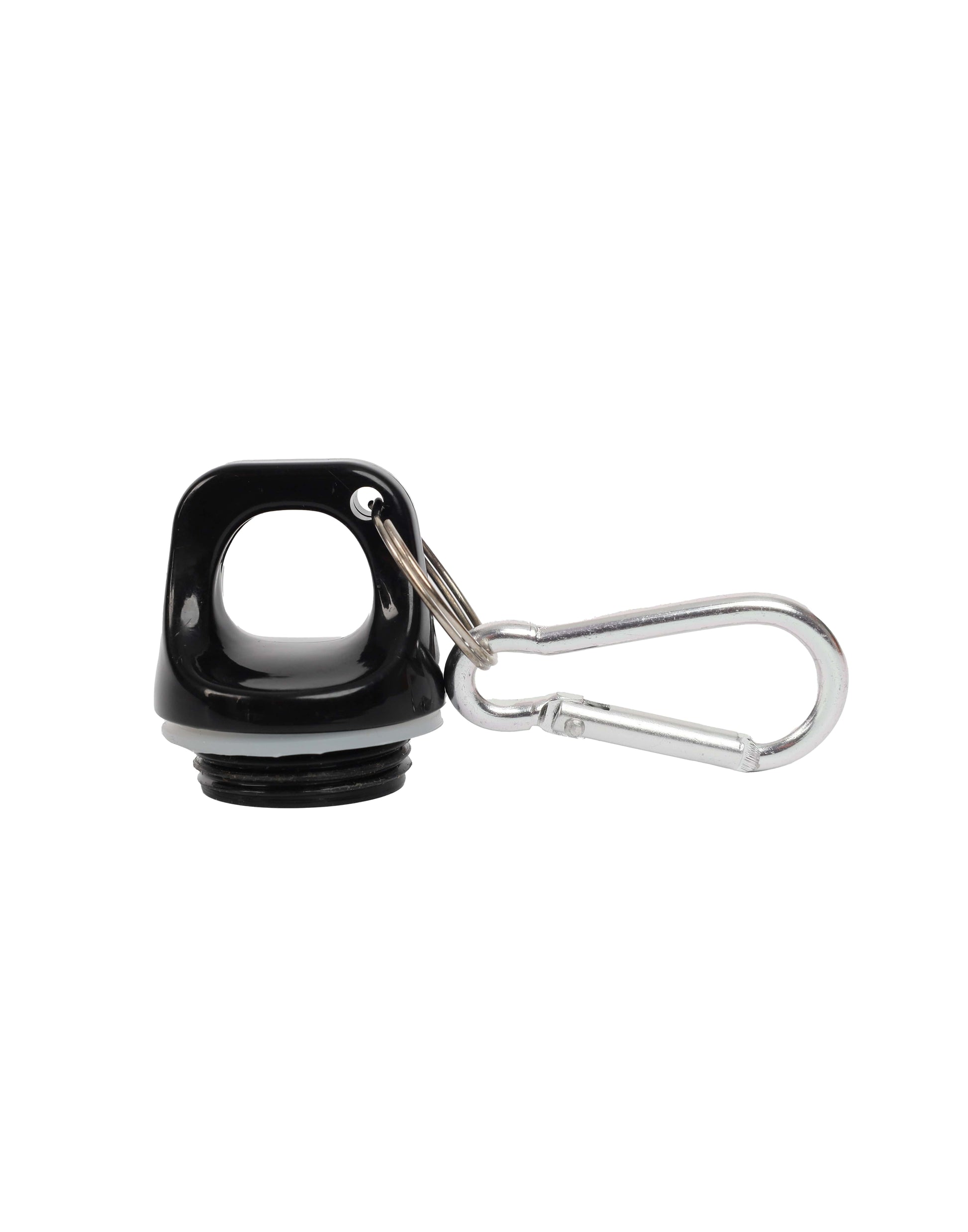 Black bottle cap with a metal clip on a white background