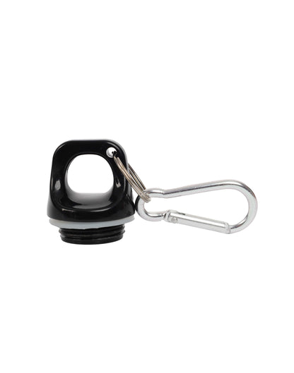 Black bottle cap with a metal clip on a white background