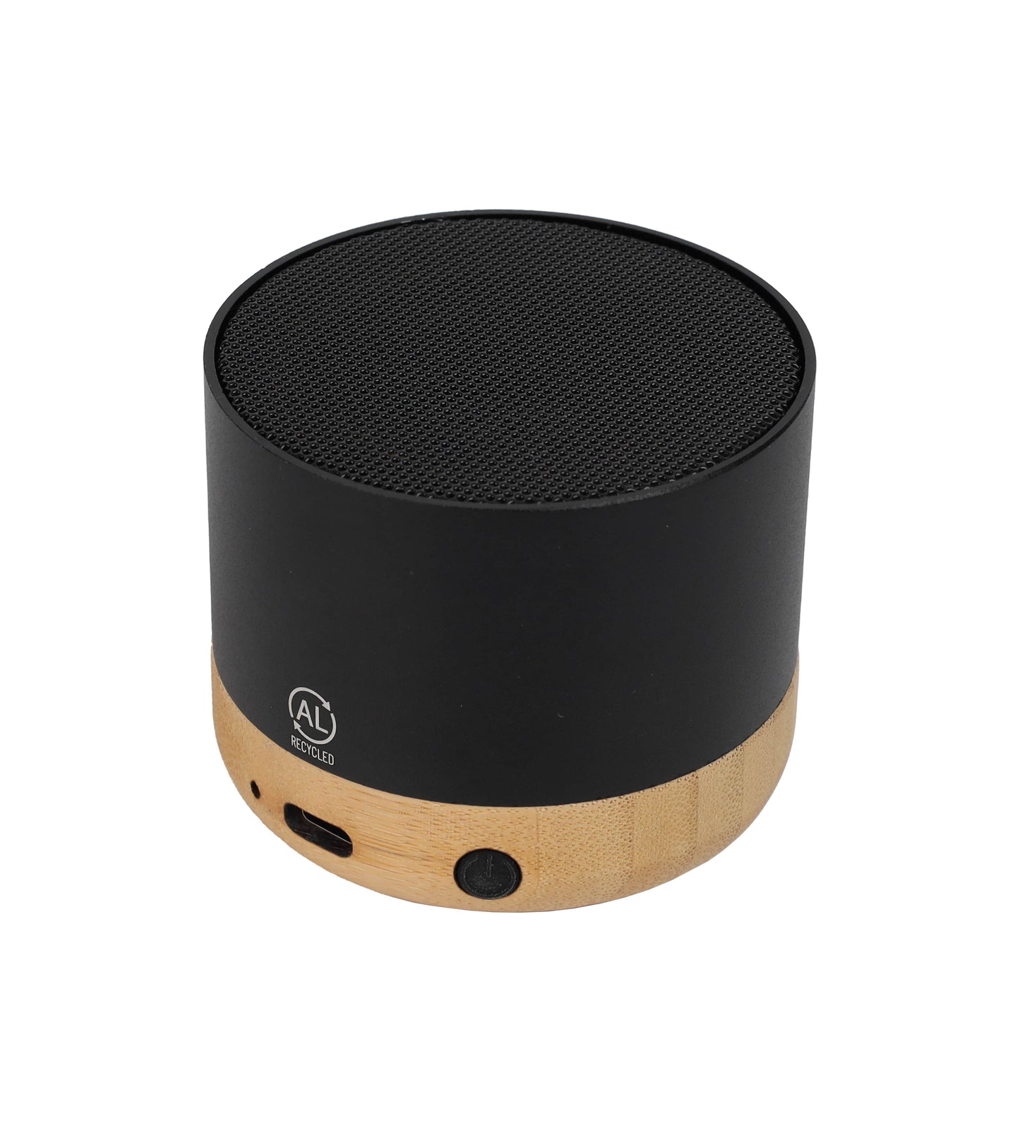 Black and wooden portable speaker on a white background