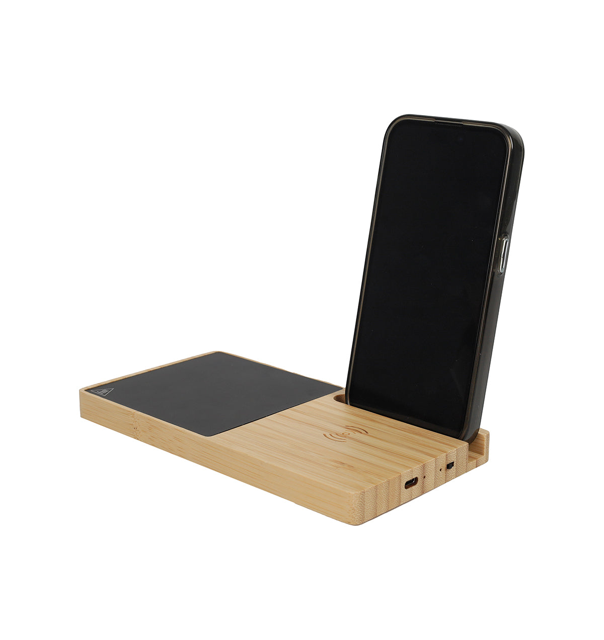 Wooden phone stand with a smartphone on a white background
