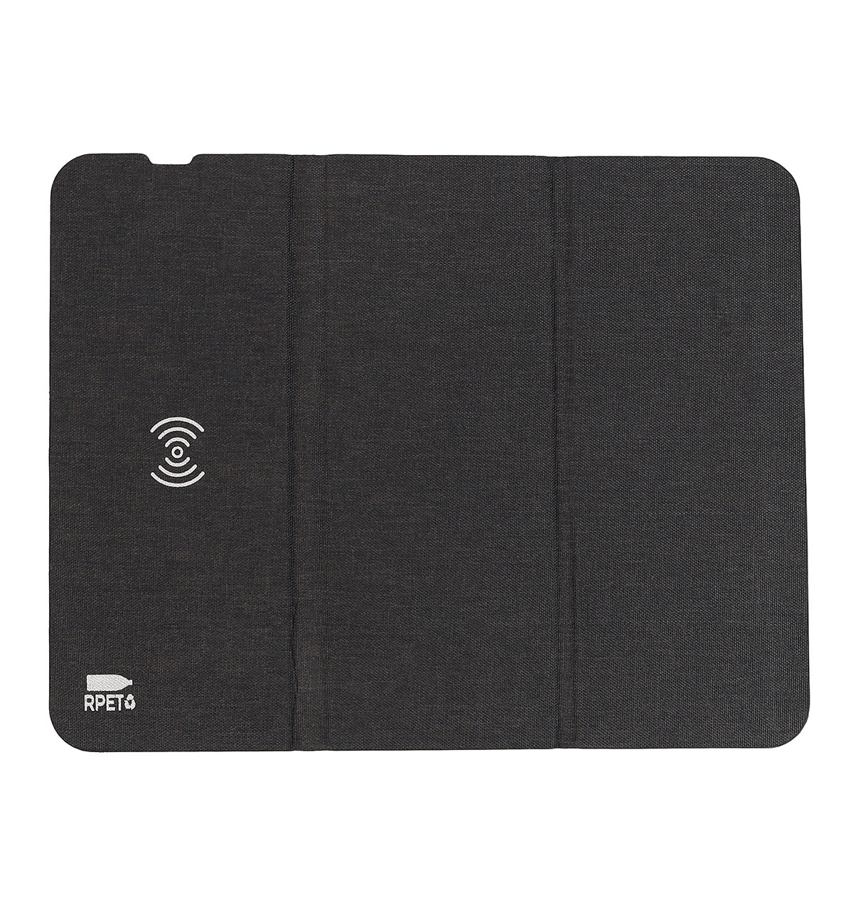 A black foldable mousepad with a visible white brand logo on the bottom corner and a wireless charging symbol on the top left corner.