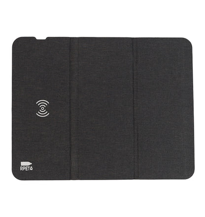A black foldable mousepad with a visible white brand logo on the bottom corner and a wireless charging symbol on the top left corner.