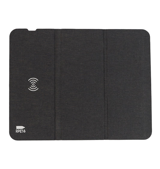 A black foldable mousepad with a visible white brand logo on the bottom corner and a wireless charging symbol on the top left corner.