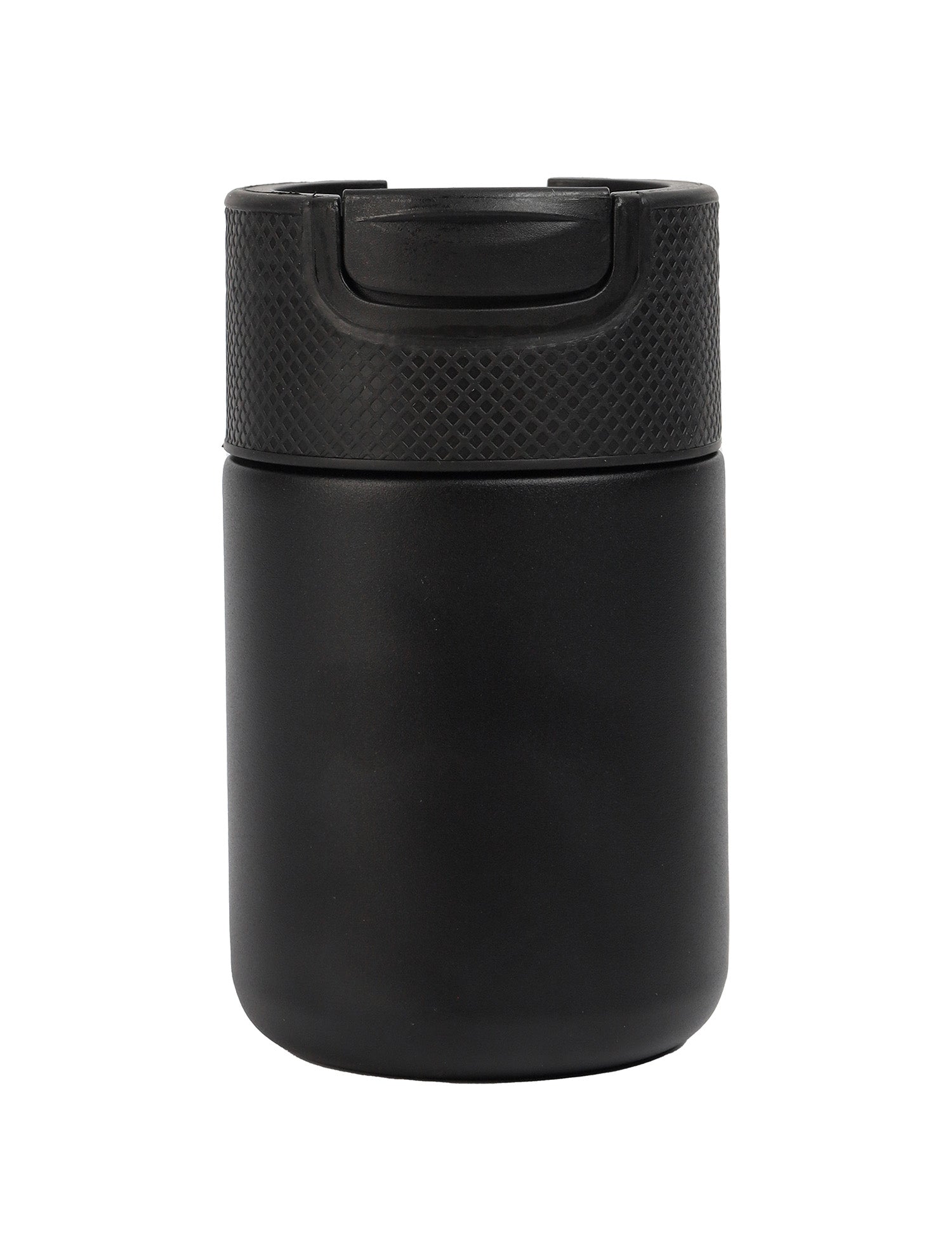 A black stainless steel vacuum insulated tumbler with a lid.