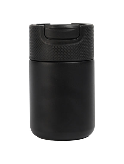 A black stainless steel vacuum insulated tumbler with a lid.
