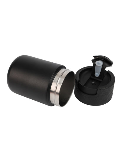 Black insulated tumbler with a silver interior and black lid on a white background