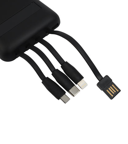 Black multi-port charging adapter with various connectors on a white background