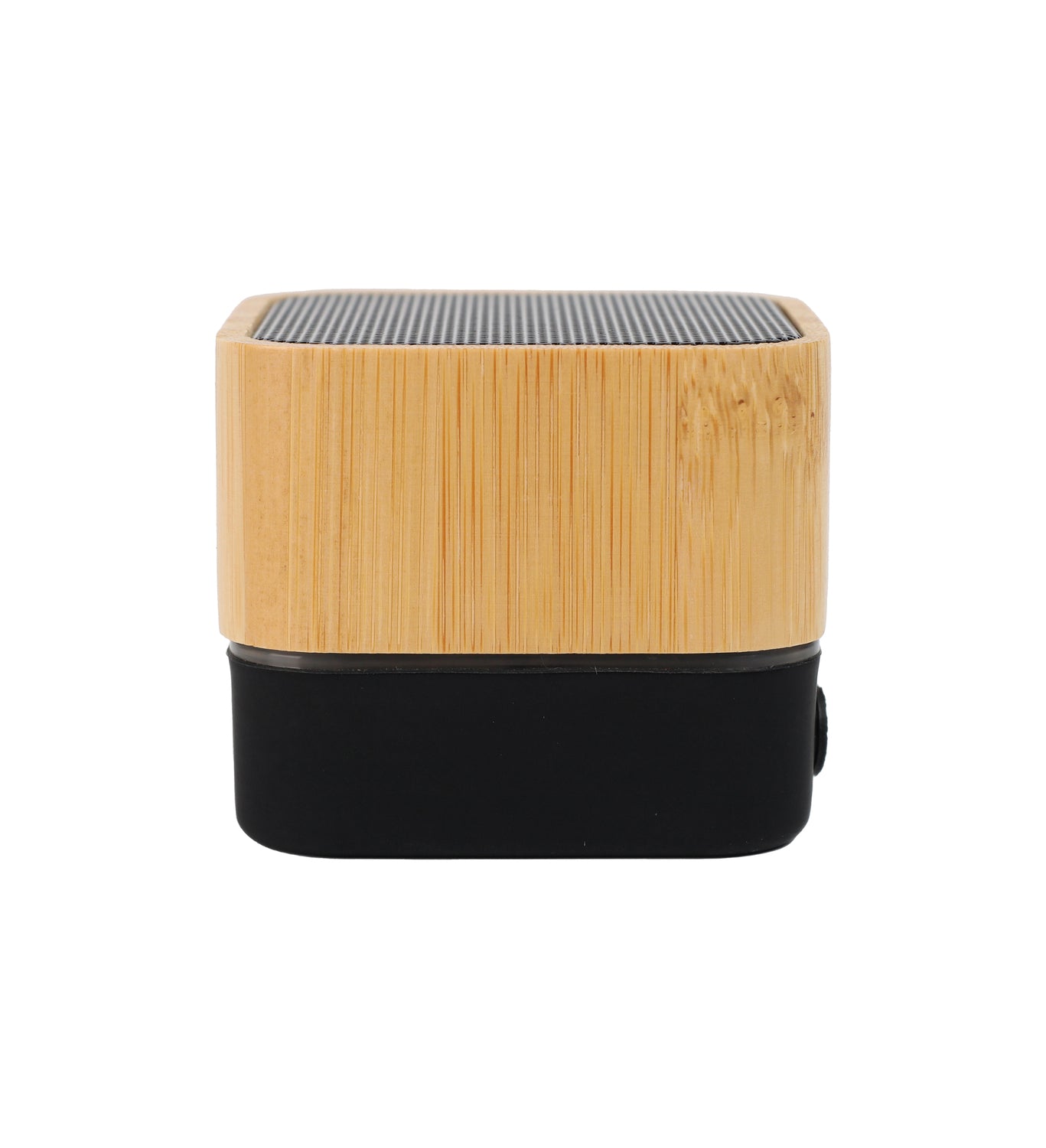 Small cube-shaped speaker with bamboo front panel on a white background