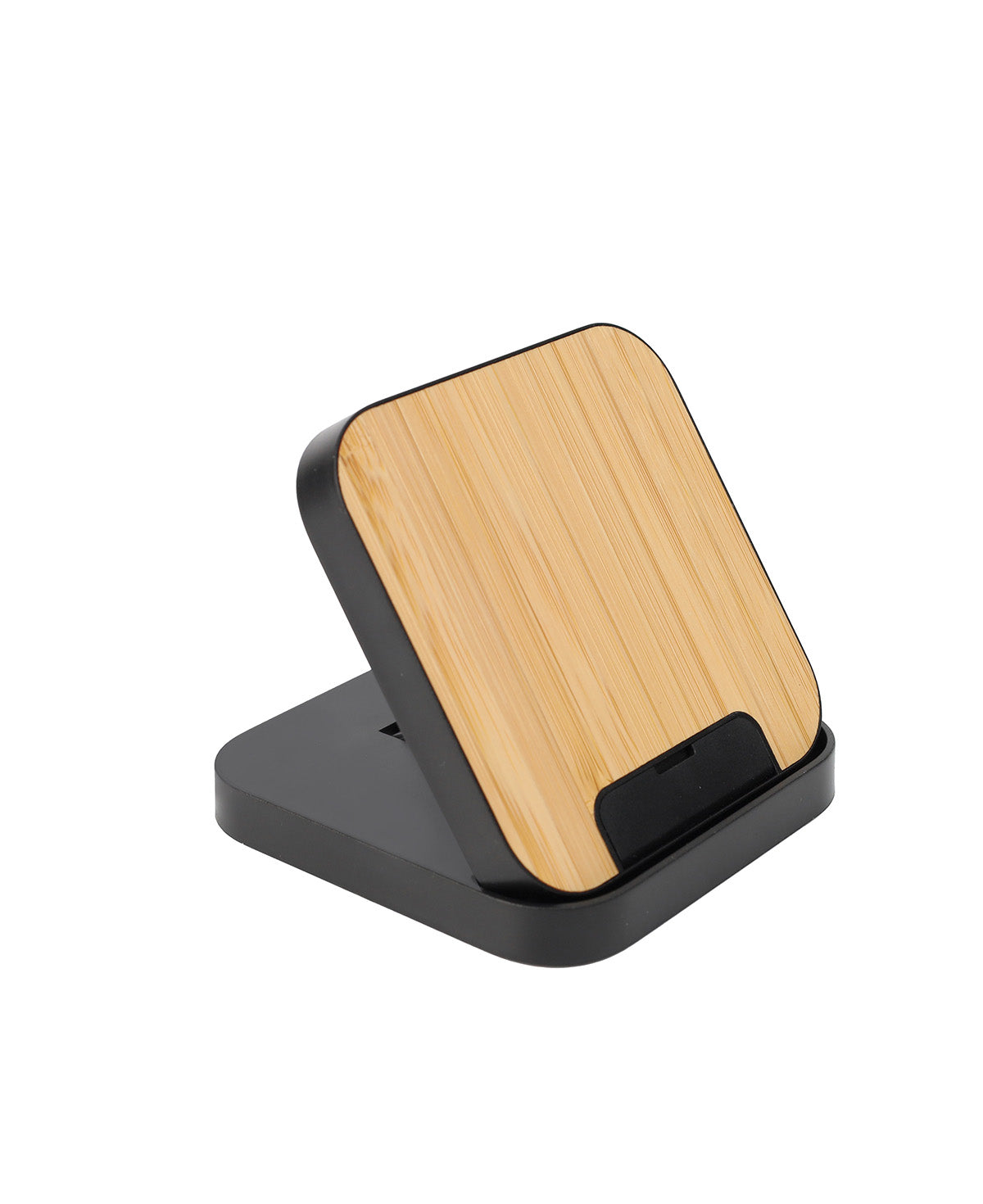 Phone stand with wooden top and black base on a white background