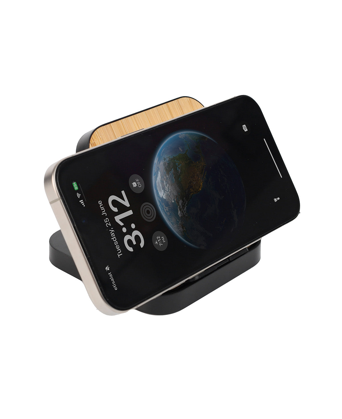 Smartphone on a wireless charging stand with a white background