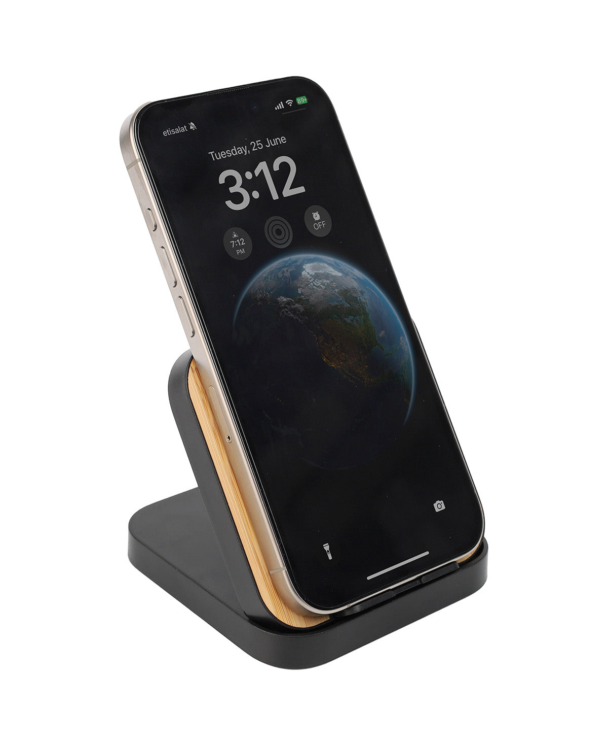 Smartphone on a black and wood-patterned stand with a white background
