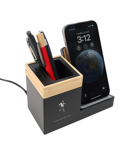Desk organizer with pen holder and phone charging station on a white background