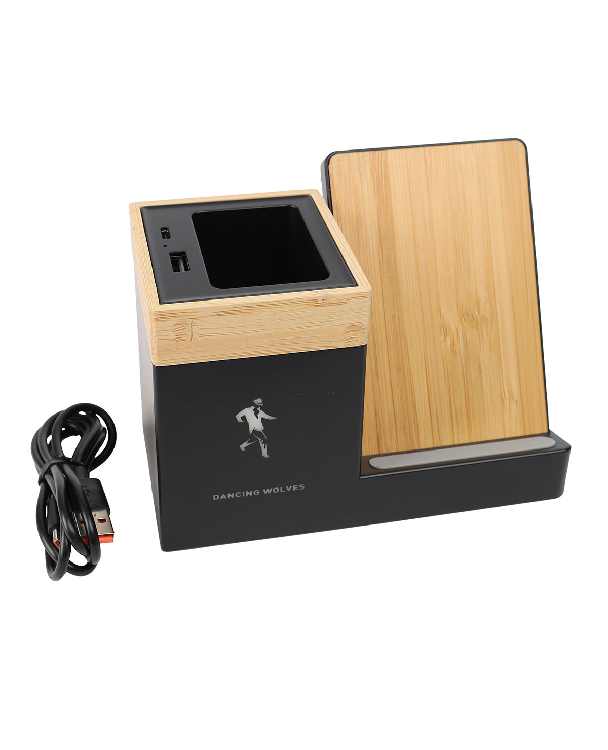 Wooden electronic device with a black base and charging cable on a white background