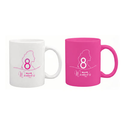 Two mugs, one white and one pink, with a design of a woman and the number 8 on a white background.