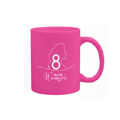 Pink mug with a silhouette of a woman and the number 8, celebrating Women's Day on March 8th.