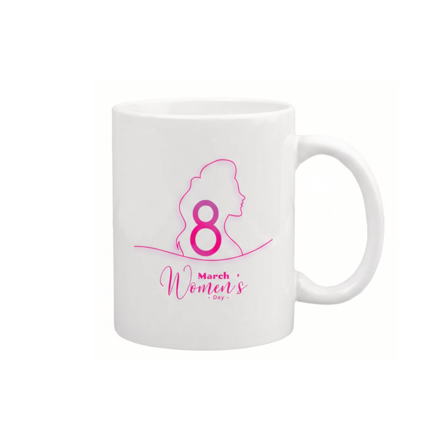 White mug with pink silhouette of a woman and number 8, celebrating Women's Day on March 8th.