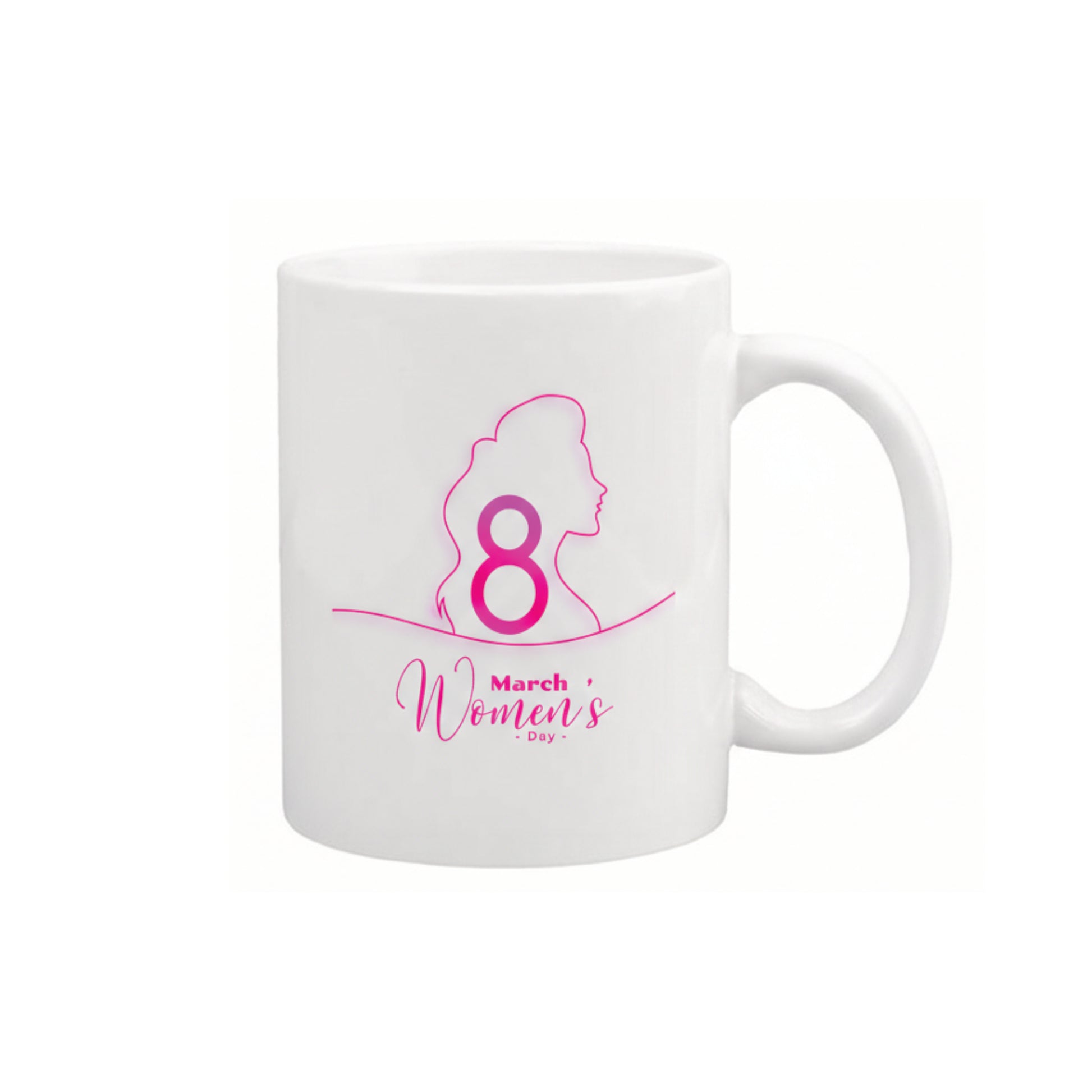 White mug with pink silhouette of a woman and number 8, celebrating Women's Day on March 8th.