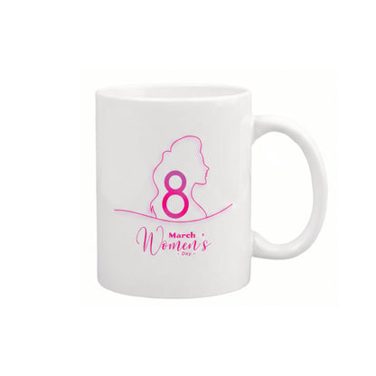 White mug with pink silhouette of a woman and number 8, celebrating Women's Day on March 8th.
