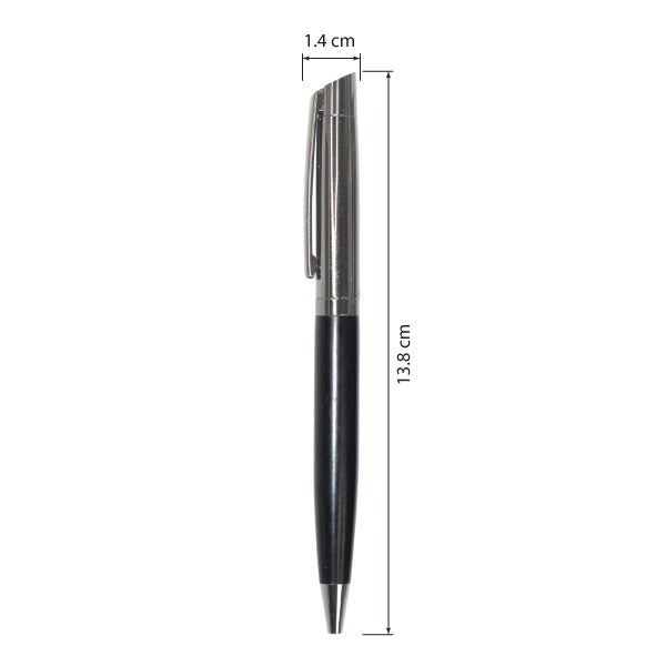 Black pen with measurements on a white background