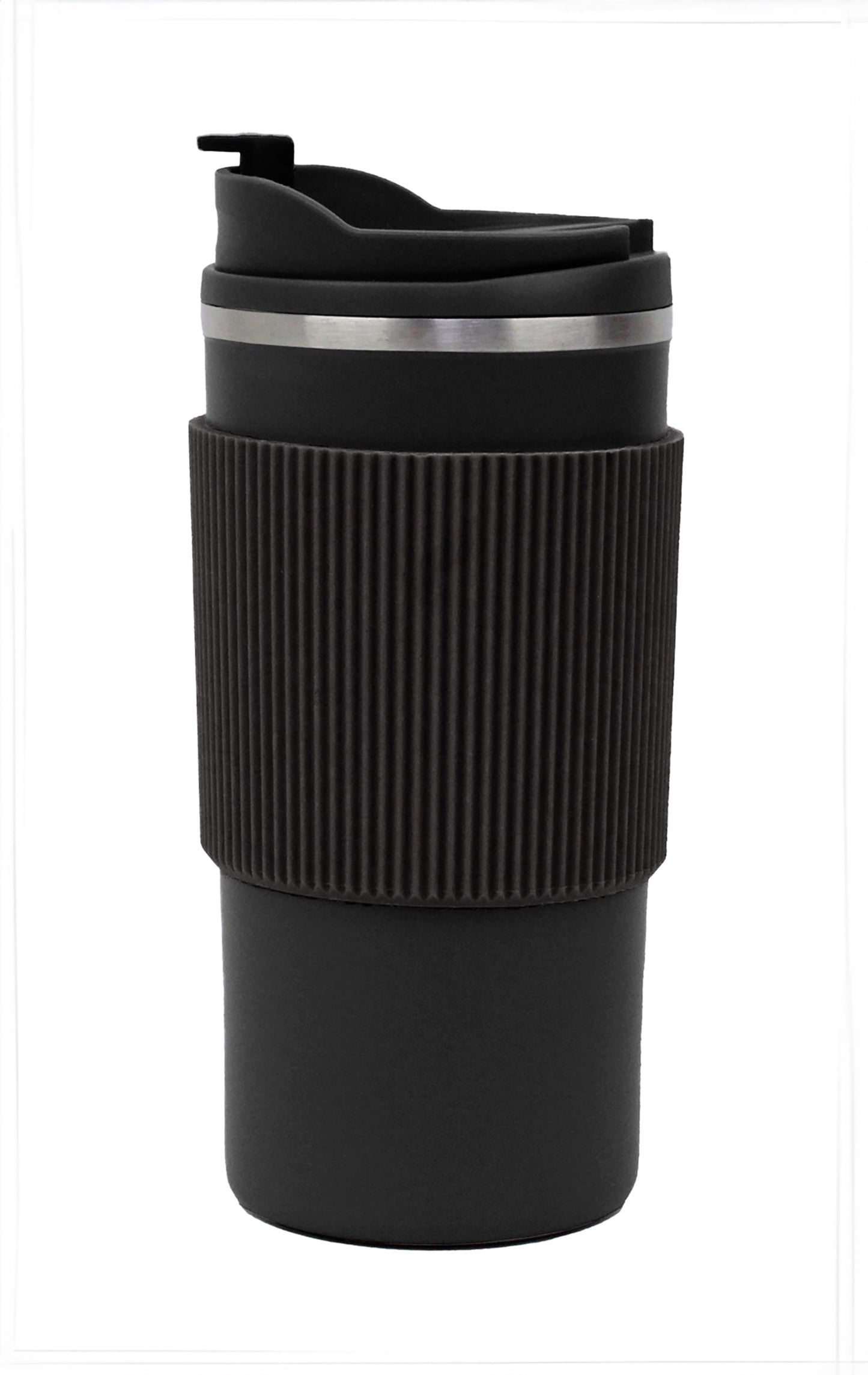 Black travel mug with ribbed handle on a white background