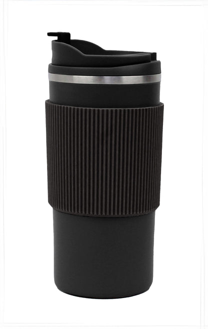 Black travel mug with ribbed handle on a white background
