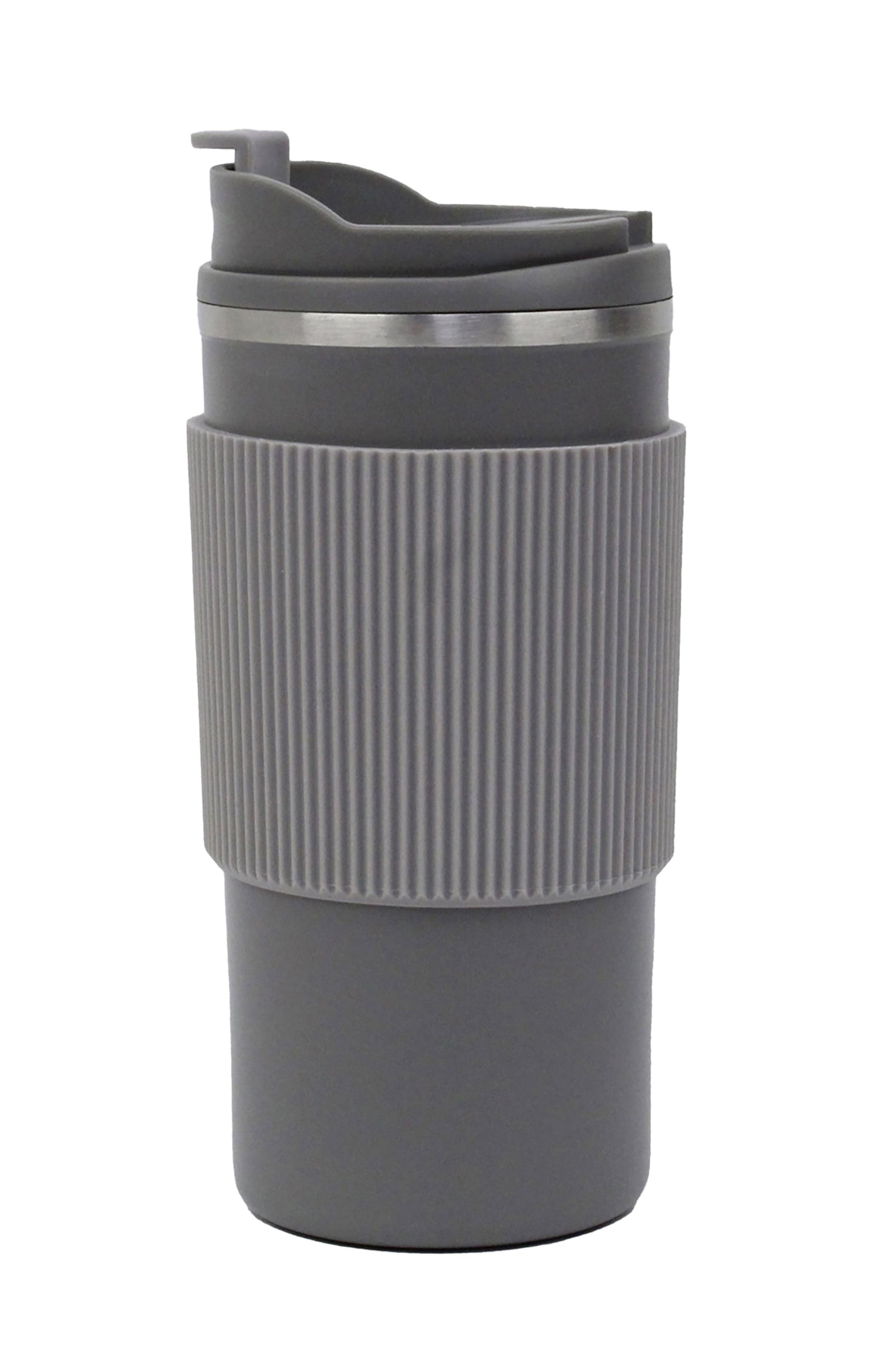 Gray travel mug with a ribbed handle on a white background