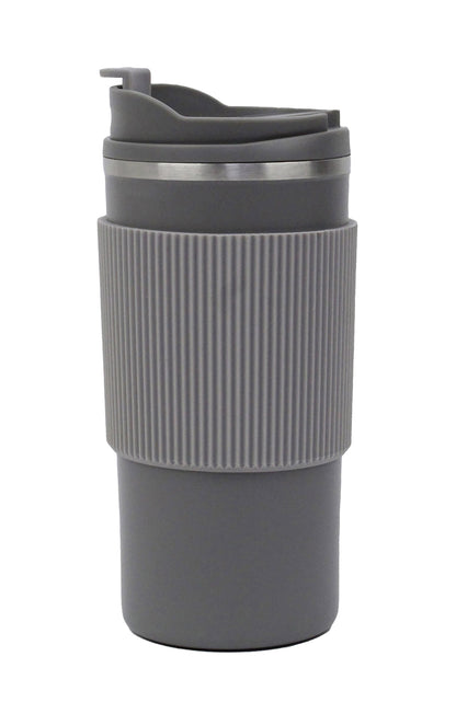 Gray travel mug with a ribbed handle on a white background