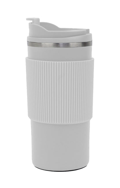 White travel mug with ribbed design on a white background