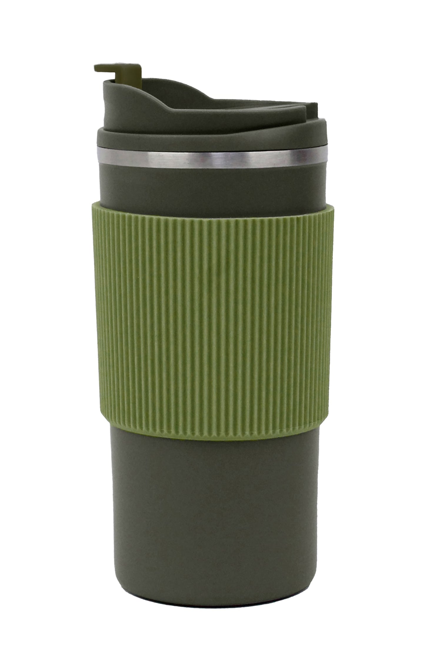Green travel mug with ribbed sleeve on a white background