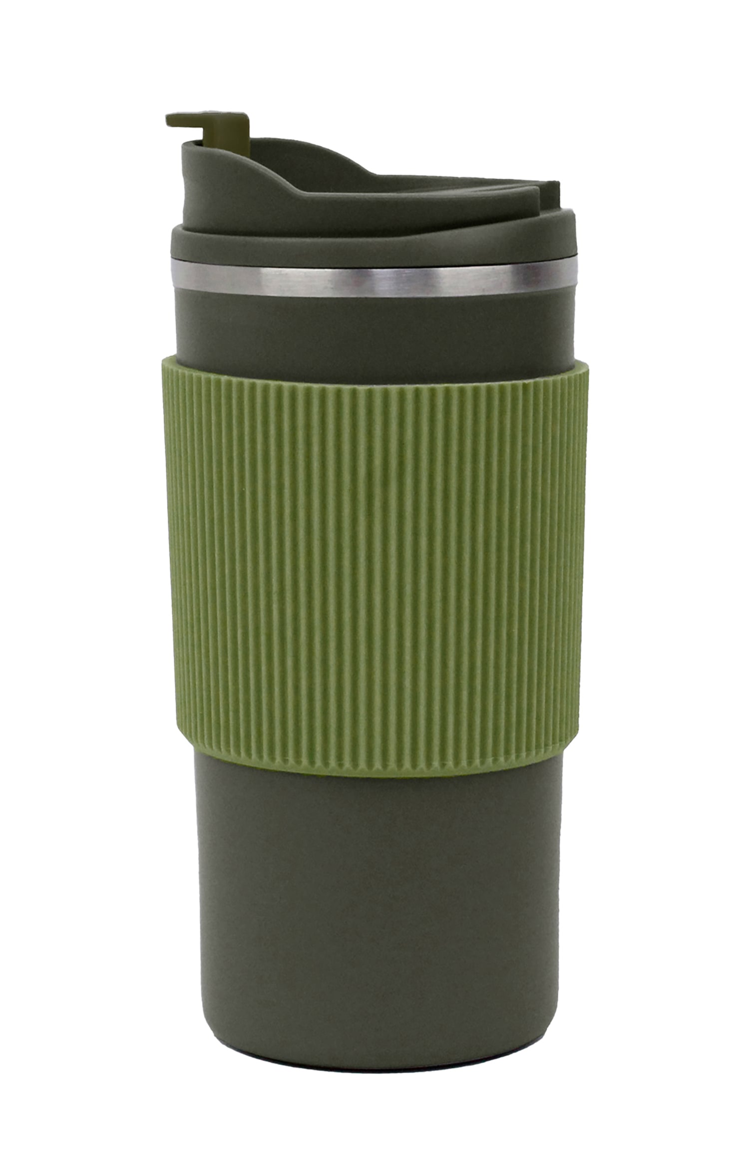 Green travel mug with ribbed sleeve on a white background