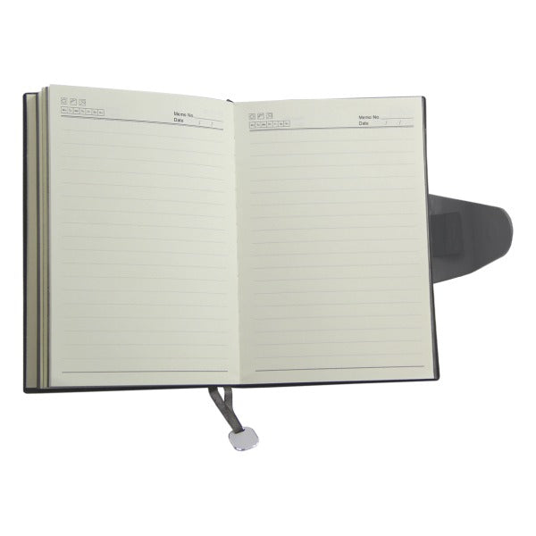 Open notebook with lined pages on a white background