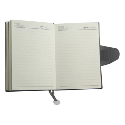 Open notebook with lined pages on a white background