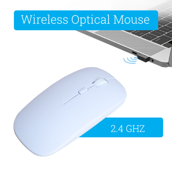 Wireless optical mouse with 2.4 GHz label next to a laptop