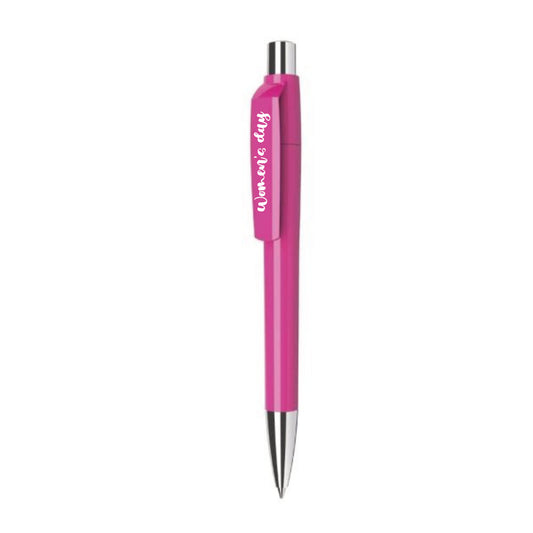 Pink pen with black accents on a white background