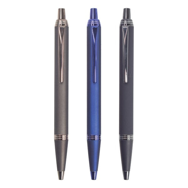 Three pens in different colors on a white background