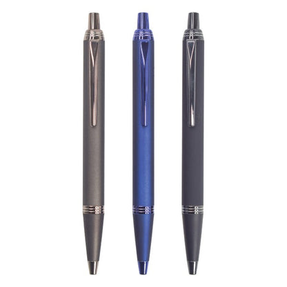 Three pens in different colors on a white background