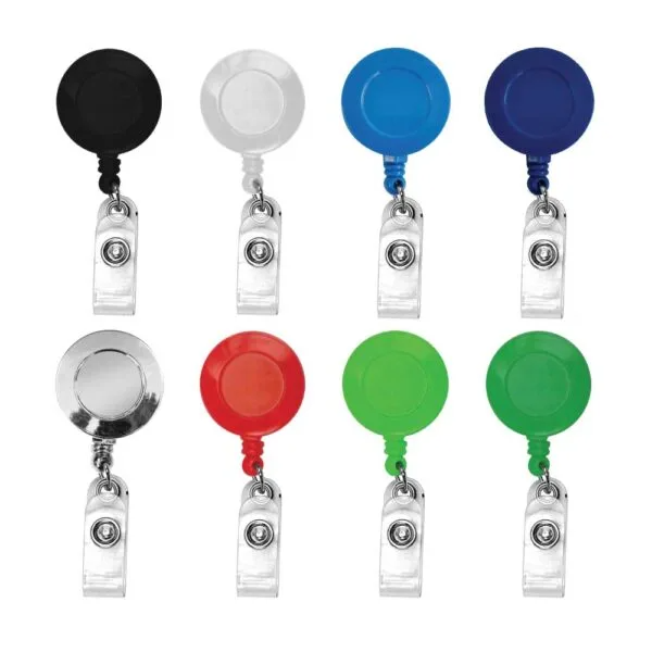 Set of colorful reel badge holders with different color buttons on a white background