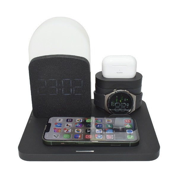 Black charging station with phone, watch, and airpods on a white background