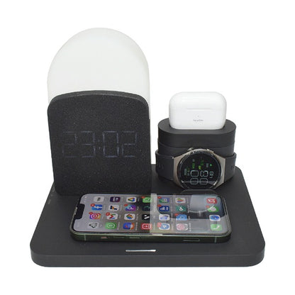 Black charging station with phone, watch, and airpods on a white background