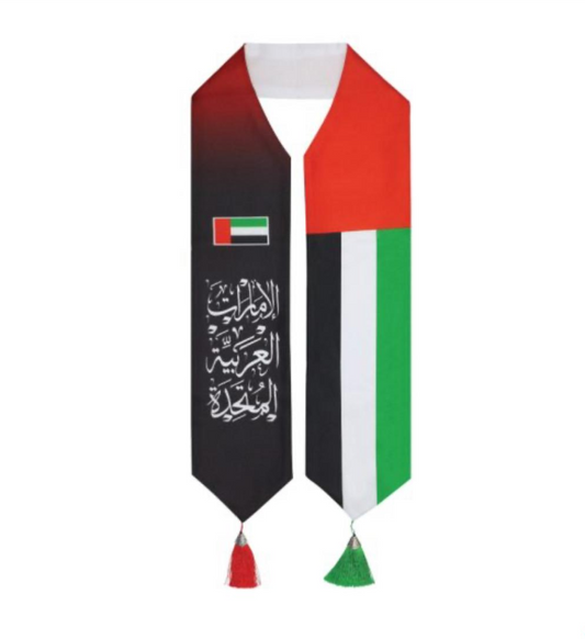UAE Flag Scarf with Arabic Writing, Red & Green Tassel