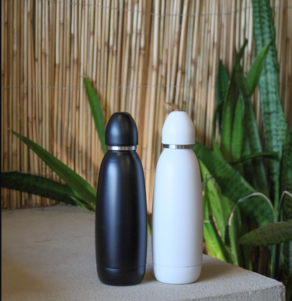 Black and white insulated bottles on a stone surface with a bamboo and plant background