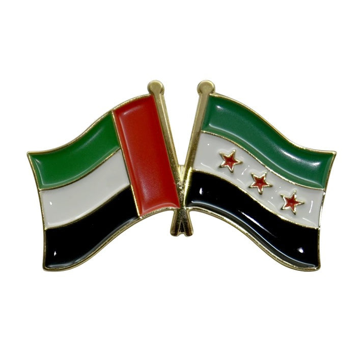 Pin with crossed flags of United Arab Emirates and Syria on a white background