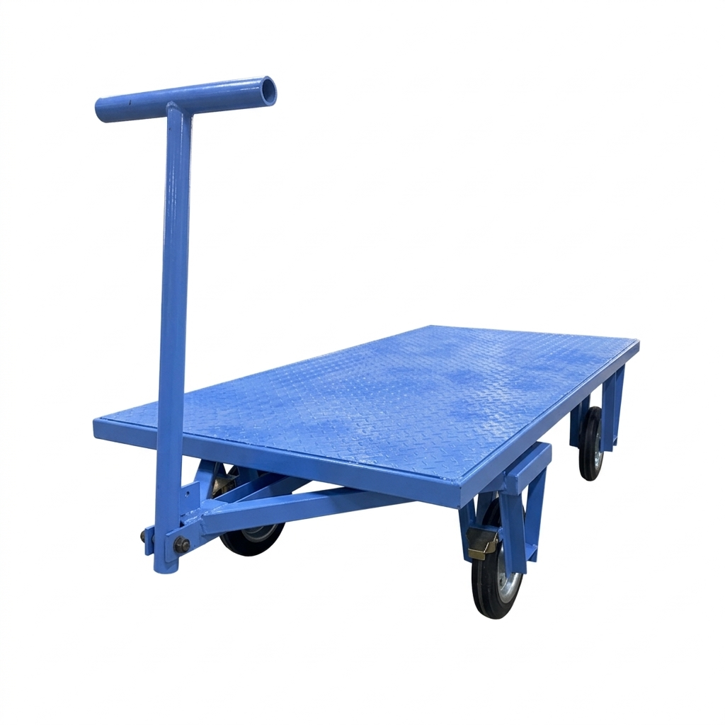 Blue flatbed cart with handle on a white background