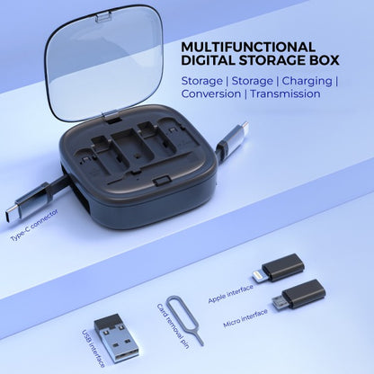 Multifunctional digital storage box with connectors on a blue gradient background