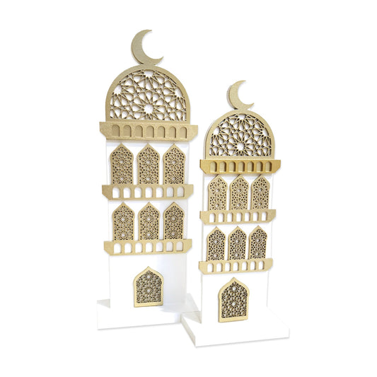 White & Gold MDF Mosque Décor Set (2 Pcs) – Engraved Islamic Ramadan Decoration